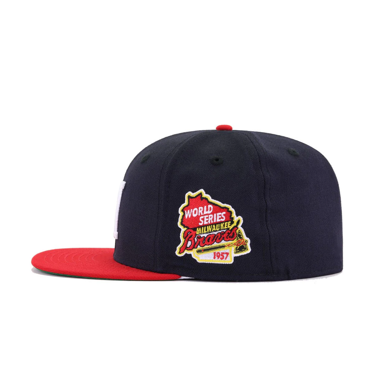 Milwaukee Braves Navy Scarlet 1957 World Series Cooperstown Green Bottom New Era 59Fifty Fitted - Image 2